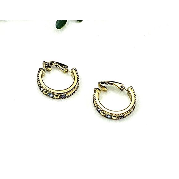 Gold Tone Twisted Rope Design Blue Topaz Hoop Clip on Earrings - Picture 4 of 6
